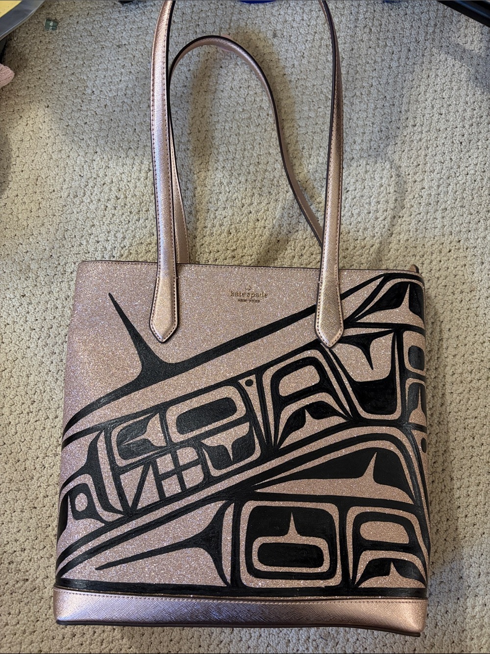 kate spade Metallic Pink Tote with Black Graphic Design
